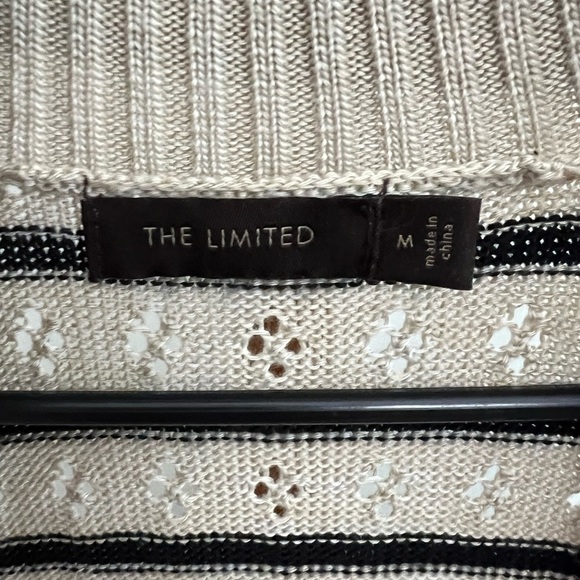 The Limited Cream Yellow Black Striped Open Front Belted Cardigan Sweater sz Med - Picture 2 of 9